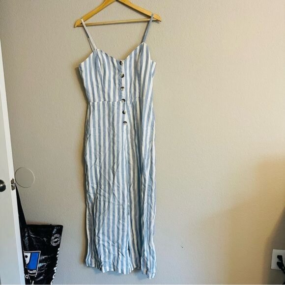 Reformation Torta Linen Blue Stripe Sleeveless Button Front Jumpsuit Size 10 - Picture 4 of 14